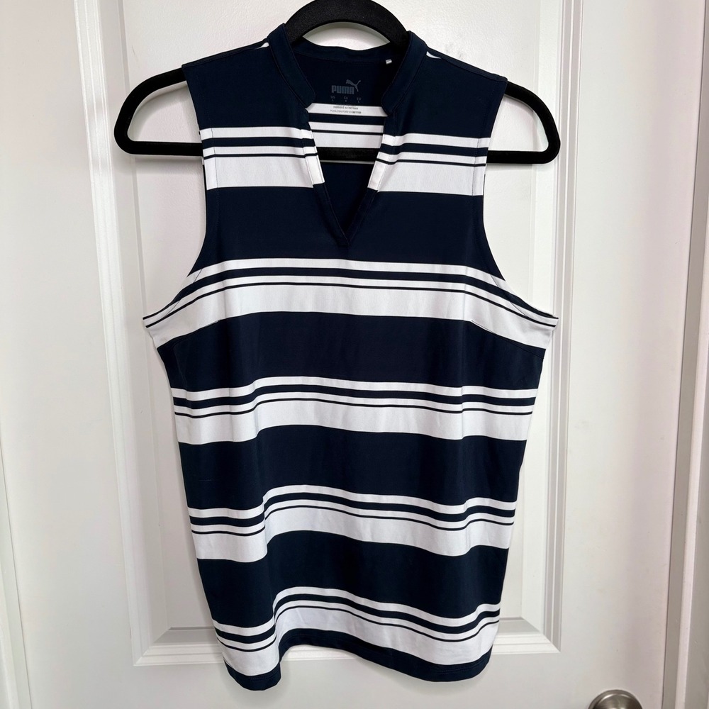 Puma Golf Sleeveless Polo Shirt Navy White Striped V-Neck Top Women's L Nautical
